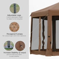 Outsunny 13' x 11' Hexagonal Pop Up Gazebo, Heavy Duty Outdoor Canopy Tent with 6 Mesh Sidewall Netting, 3-Level Adjustable Height and Strong Steel Frame, Brown(m-6)