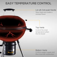Outsunny Kettle Charcoal BBQ Grill, Portable Barbecue Smoker with Lid and Thermometer, Outdoor Camp Picnic Cooker with Wheels and Storage Shelf(m-6)
