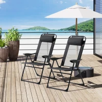 Outsunny Set of 4 Camping Chairs, Outdoor Folding Lounge Chair Set with 5 Level Adjustable Backrest, Removable Headrest, Armrest for Camping, Backyard, Black(m-1)
