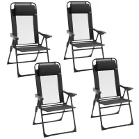 Outsunny Set of 4 Camping Chairs, Outdoor Folding Lounge Chair Set with 5 Level Adjustable Backrest, Removable Headrest, Armrest for Camping, Backyard, Black(m-2)
