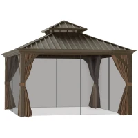 Outsunny 12' x 12' Hardtop Gazebo with Curtains and Netting, Permanent Pavilion Metal Double Roof Gazebo Canopy with Aluminum Frame and Hooks, for Garden, Patio, Backyard, Brown(m-9)