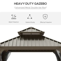 Outsunny 12' x 12' Hardtop Gazebo with Curtains and Netting, Permanent Pavilion Metal Double Roof Gazebo Canopy with Aluminum Frame and Hooks, for Garden, Patio, Backyard, Brown(m-4)