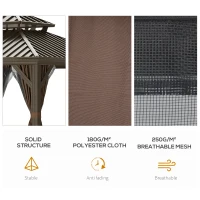 Outsunny 12' x 12' Hardtop Gazebo with Curtains and Netting, Permanent Pavilion Metal Double Roof Gazebo Canopy with Aluminum Frame and Hooks, for Garden, Patio, Backyard, Brown(m-5)