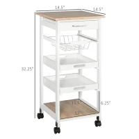 HOMCOM Mobile Kitchen Cart, Rolling Kitchen Island with Storage, Solid Wood Frame Utility Cart with Wire Fruit Baskets, Trays and Drawer, White(m-3)