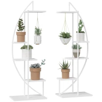 Outsunny 5 Tier Metal Plant Stand, Flower Pot Display Shelf with Hangers, Tall Plant Stand Indoor, Half Moon Shape, for Living Room Patio Garden Balcony Decor, White(m-1)