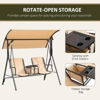 Outsunny 2 Person Porch Swing with Canopy, Storage Table, Cup Holder, Beige(m-6)