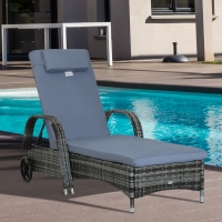 Outsunny Wicker Chaise Lounge, Outdoor Lounge Chair, PE Rattan Patio Sun lounger with Head-rest, 5-Level Height Adjust Backrest, Cushion, & Wheels, Mixed Grey and Grey