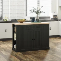 HOMCOM 47" Fluted-Style Wooden Kitchen Island, Kitchen Countertop Storage Cabinet with Drop Leaf, Drawer, Open Shelves, Storage, Black(m-2)