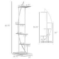 Outsunny 5 Tier Metal Plant Stand, Flower Pot Display Shelf with Hangers, Tall Plant Stand Indoor, Half Moon Shape, for Living Room Patio Garden Balcony Decor, White(m-3)