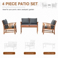 Outsunny 4pcs Acacia Wood Chat Sofa Set Outdoor 4-Seater Table Set Garden Sectional Set Backyard Reclining Seat Set Patio Furniture w/ Dark Grey Cushions(m-5)