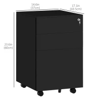 Vinsetto Vertical Steel Filing Cabinet on Wheels, 3-Drawer Lockable File Cabinet with Adjustable Hanging Bar for A4, Legal and Letter Size, Black(m-3)