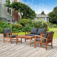 Outsunny 4 Piece Solid Acacia Wood Conversation Set Outdoor Patio Furniture Chat Set w/ Armchairs, Loveseat, Center Coffee Table & Cushions Teak/Gray(m-2)
