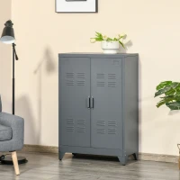 HOMCOM Metal Storage Cabinet, Industrial Sideboard Buffet Cabinet with 2 Louvered Doors, Adjustable Shelves, Grey(m-1)