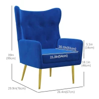 HOMCOM Fabric Wingback Armchair, Modern Accent Chair with Gold Metal Legs for Living Room, Bedroom, Home Office, Blue(m-3)