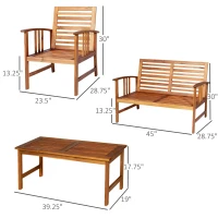 Outsunny 4 Piece Solid Acacia Wood Conversation Set Outdoor Patio Furniture Chat Set w/ Armchairs, Loveseat, Center Coffee Table & Cushions Teak/Gray(m-3)