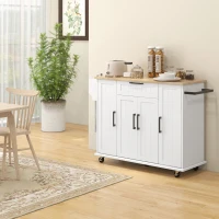 HOMCOM Modern Rolling Kitchen Island Cart with Drawers, Natural Wood Top, Towel Rack, Door Storage Cabinet, White(m-1)