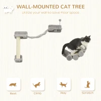 PawHut Cat Wall Shelf with Scratching Post, Cat Wall Shelves for Relaxing, Climbing, Cat Wall With Soft Ladder and Play Ball, Grey(m-4)