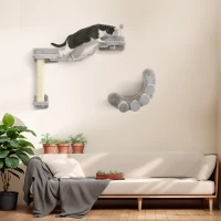 PawHut Cat Wall Shelf with Scratching Post, Cat Wall Shelves for Relaxing, Climbing, Cat Wall With Soft Ladder and Play Ball, Grey(m-1)