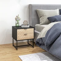 HOMCOM Modern Bedside Table with 2 Drawers and Steel Frame, Sofa Side Table for Bedroom Living Room, Black and Oak(m-1)