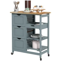 HOMCOM Kitchen Cart on Wheels, Rolling Kitchen Island Cart with Wood Top, 3 Drawers and Shelves for Home Dining Area(m-2)