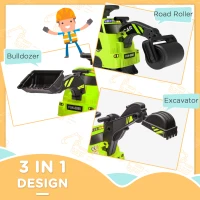 Aosom 3 in 1 Ride on Excavator Bulldozer Road Roller, No Power Pretend Play Construction with Music, for 18-48 Months, Green(m-4)