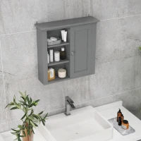 HOMCOM Bathroom Wall Cabinet, Wall Mounted Medicine Cabinet with 3 Open Shelves and Storage Cupboard for Laundry Room, Grey(m-9)