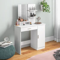 HOMCOM Vanity Desk with Mirror, Makeup Vanity w/ Drawer, Open Compartment and Shelves, Cabinet, Adjustable Shelves for Bedroom(m-1)
