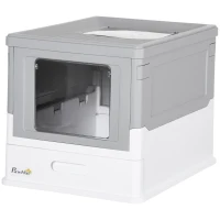 PawHut Fully Enclosed Cat Litter Box with Front Entry and Top Exit, Plastic, Gray & White(m-1)