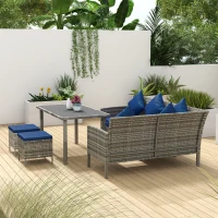 Outsunny 5 Pieces Wicker Patio Conversation Dining Furniture Set with Cushions, Table and Ottomans, Navy Blue(m-10)
