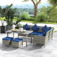 Outsunny 5 Pieces Wicker Patio Conversation Dining Furniture Set with Cushions, Table and Ottomans, Navy Blue