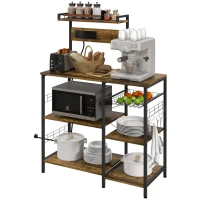 HOMCOM Kitchen Bakers Rack with Charge Station, Industrial Microwave Stand with Adjustable Shelf, 5 Hooks, Wire Basket(m-1)