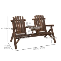 Outsunny Wood Adirondack Patio Chair Bench with Center Coffee Table, for Lounging and Relaxing Outdoors Carbonized(m-3)