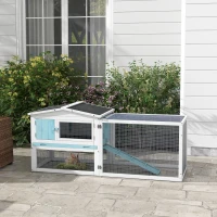 PawHut Wooden Rabbit Hutch Guinea Pig House with Removable Tray, Openable Roof, Trough, Run for Tortoises and Ferrets, Blue(m-1)