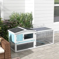 PawHut Wooden Rabbit Hutch Guinea Pig House with Removable Tray, Openable Roof, Trough, Run for Tortoises and Ferrets, Blue(m-10)