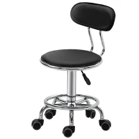 HOMCOM Faux Leather Salon Stool, Height Adjustable Rolling Stool with Footrest Ring, Back and Wheels for Beauty, Tattoo, Black(m-2)