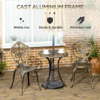 Outsunny Outdoor 3 Piece Garden Bistro Set, 2 Chairs and A Round Table with Parasol Hole for Balcony, Patio, Bronze(m-5)