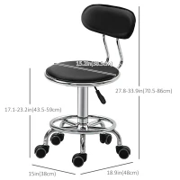 HOMCOM Faux Leather Salon Stool, Height Adjustable Rolling Stool with Footrest Ring, Back and Wheels for Beauty, Tattoo, Black(m-3)