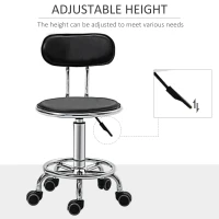 HOMCOM Faux Leather Salon Stool, Height Adjustable Rolling Stool with Footrest Ring, Back and Wheels for Beauty, Tattoo, Black(m-4)