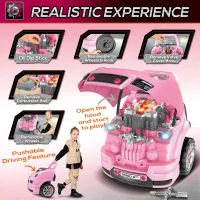 Qaba Mechanic Kids Truck Engine Toy Set, Car Service Play Set, Pink(m-7)