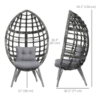 Outsunny Outdoor Egg Chair with Soft Cushion, Patio PE Rattan Wicker Balcony Chair with Height Adjustable Knob, 352lbs Capacity, for Backyard, Garden, Balcony, Lawn, Light Grey(m-3)