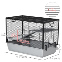 PawHut 3-tier Hamster Cage, Guinea Pig Cage with Accessories Food Dish Water Bottle, Ramps, 31.5"x19"x 23", Grey(m-3)