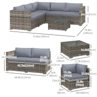 Outsunny 4 Pieces Rattan Wicker Outdoor Conversation Furniture Set w/ Corner Sofa Loveseats Coffee Table Cushions, Grey(m-3)