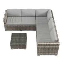 Outsunny 4 Pieces Rattan Wicker Outdoor Conversation Furniture Set w/ Corner Sofa Loveseats Coffee Table Cushions, Mixed Grey(m-2)