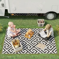 Outsunny Reversible Outdoor RV Rug, Patio Floor Mat, 4' x 6' Plastic Straw Rug for Backyard, Deck, Beach, Camping, Black & White(m-1)
