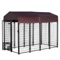PawHut Outdoor Dog Kennel with Rotating Bowl Holders, Pet Playpen with Waterproof Cover, 8' x 4' x 6', Red(m-1)
