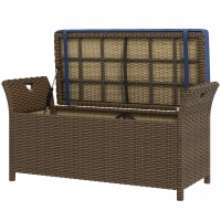 Outsunny Outdoor Patio Wicker Storage Bench, 2-In-1 Rattan Patio Furniture, 29 Gal Storage Box w/ Cushion, Dark Blue