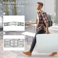 Outsunny Folding Picnic Table with 2 Benches, 3-Piece Portable Outdoor Picnic Table Bench Set for 6, Patio Dining Table Set with Plastic Top, Steel Frame for Garden, White(m-6)