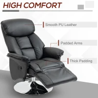 HOMCOM Swivel Recliner, Adjustable PU Leather Upholstered Recliner Chair with Footrest, Padded Arms and Steel Base, Black(m-6)