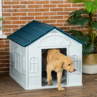 PawHut Water Resistant Dog House, Durable Plastic Puppy Shelter, Ideal for Indoor & Outdoor Use, Blue(m-1)