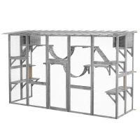 PawHut Large Outdoor Catio with Condos, Platforms, Doors, Ladders, Weather-Resistant Roof, Grey(m-2)